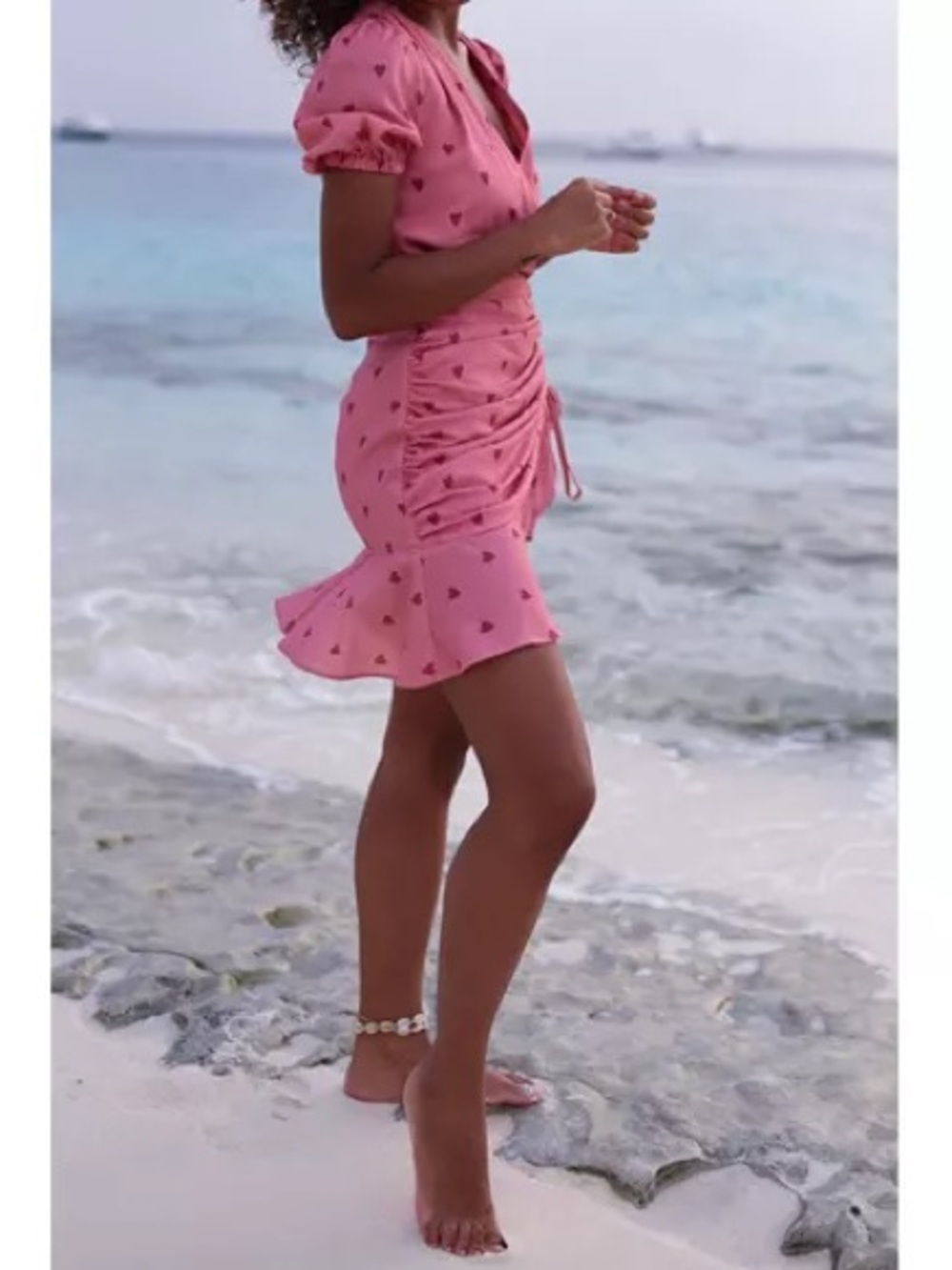 Pink Heart-Print Ruched Mini Dress by